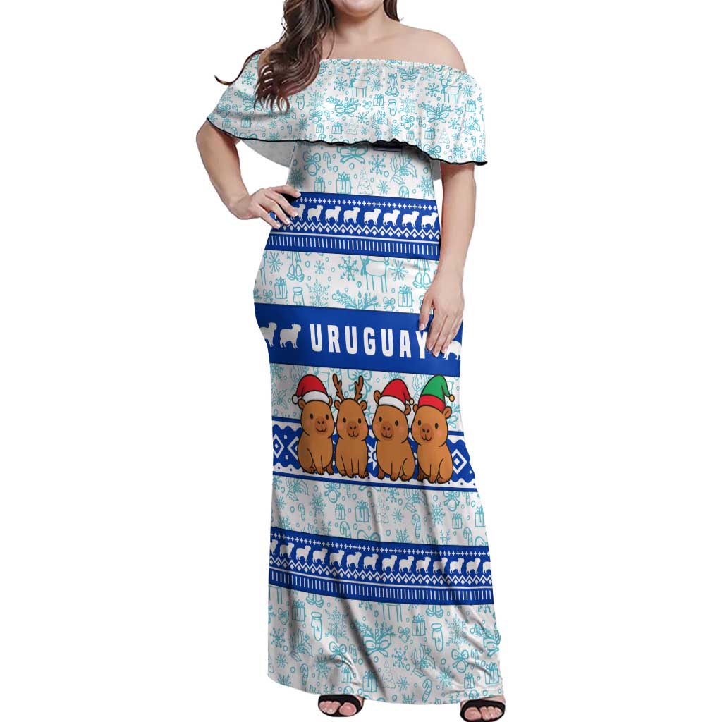 Uruguay Christmas Off Shoulder Maxi Dress with Capybaras Holiday Tree Sun Emblem and Blue Festive Pattern - Wonder Print Shop