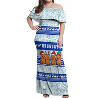 Uruguay Christmas Off Shoulder Maxi Dress with Capybaras Holiday Tree Sun Emblem and Blue Festive Pattern - Wonder Print Shop
