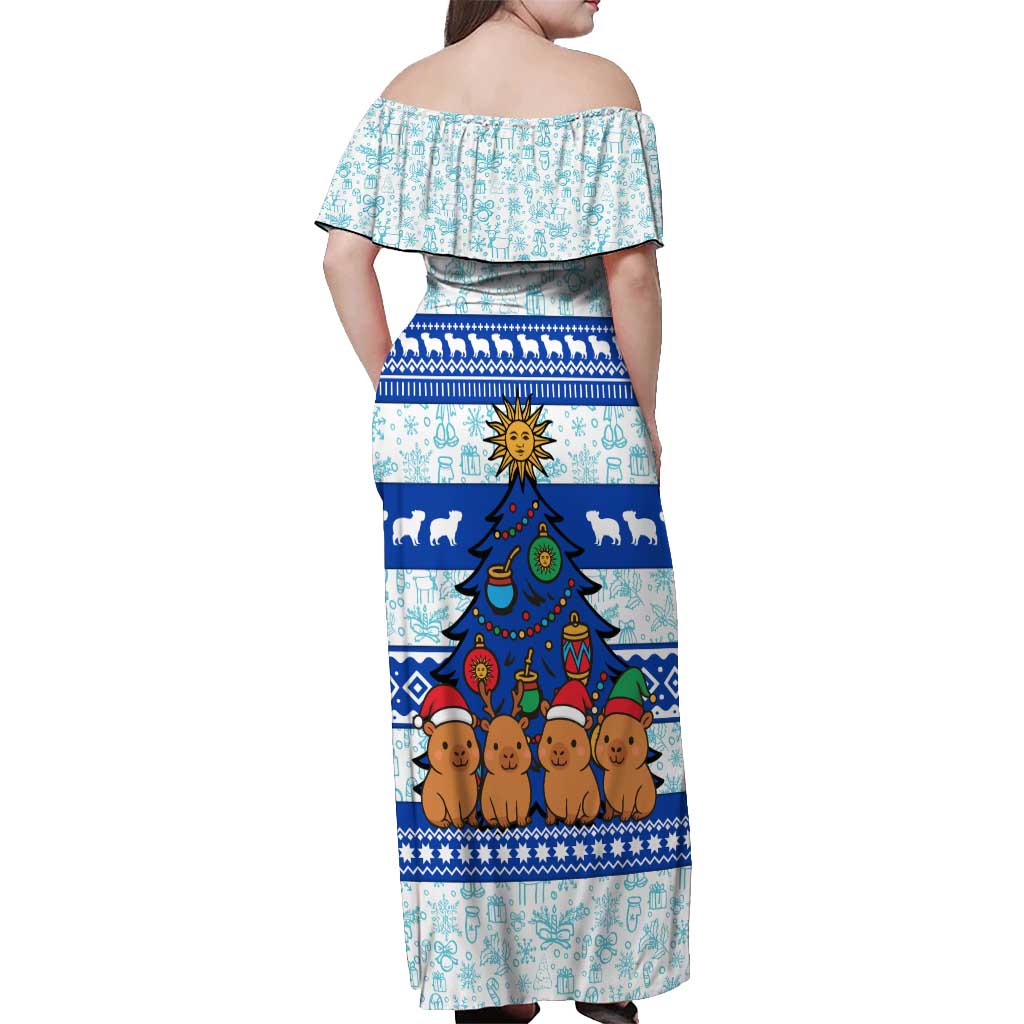 Uruguay Christmas Off Shoulder Maxi Dress with Capybaras Holiday Tree Sun Emblem and Blue Festive Pattern - Wonder Print Shop