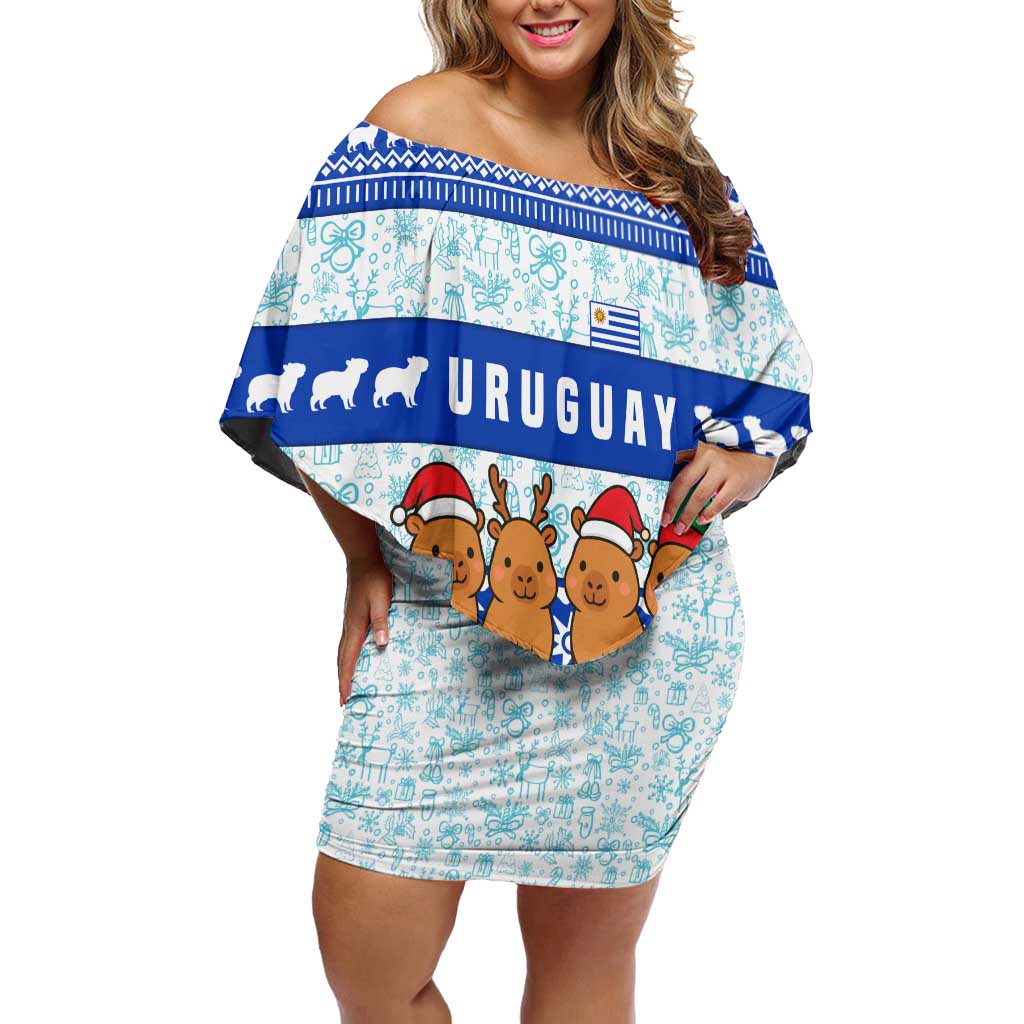 Uruguay Christmas Off Shoulder Short Dress with Capybaras Holiday Tree Sun Emblem and Blue Festive Pattern - Wonder Print Shop