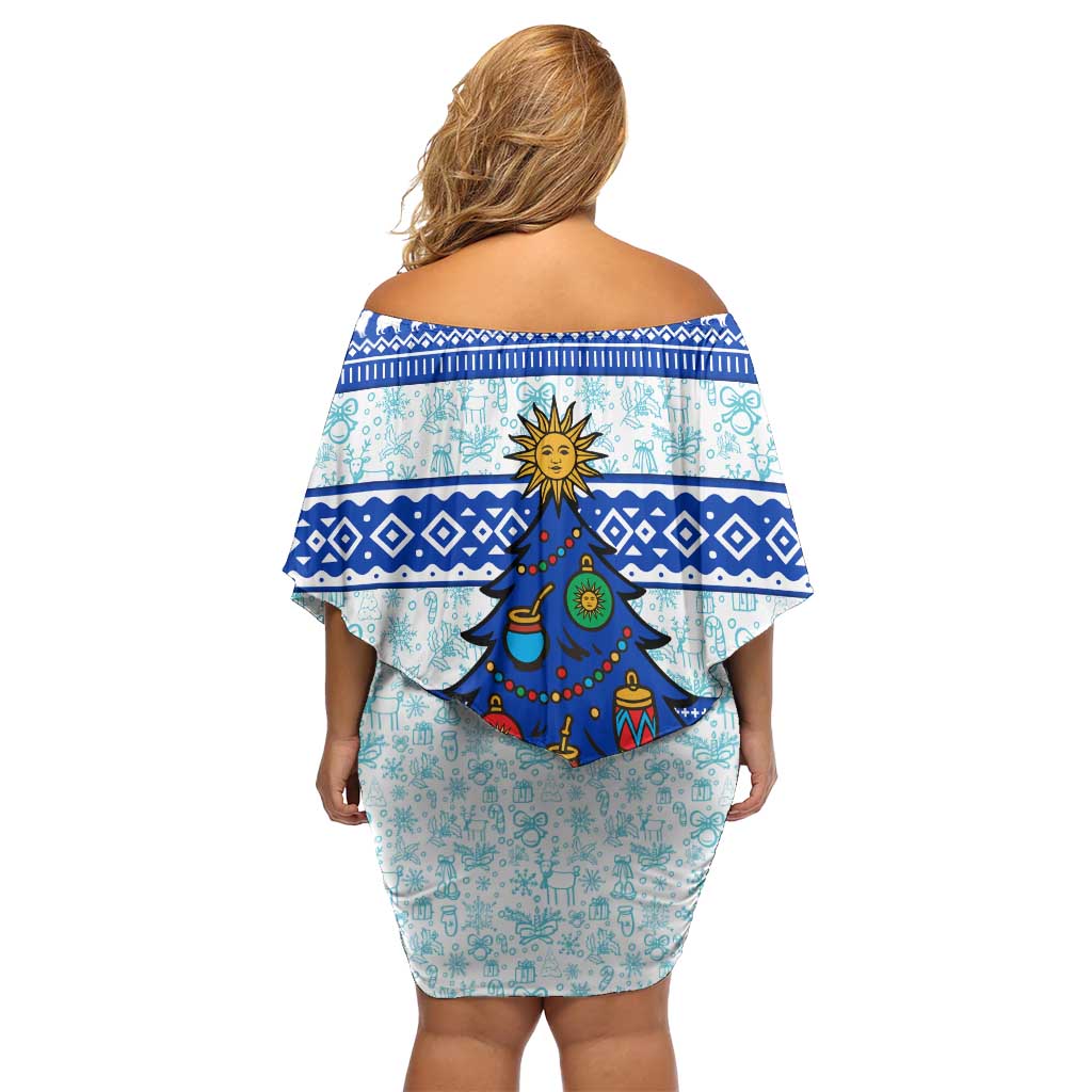 Uruguay Christmas Off Shoulder Short Dress with Capybaras Holiday Tree Sun Emblem and Blue Festive Pattern - Wonder Print Shop