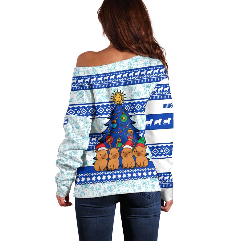 Uruguay Christmas Off Shoulder Sweater with Capybaras Holiday Tree Sun Emblem and Blue Festive Pattern - Wonder Print Shop