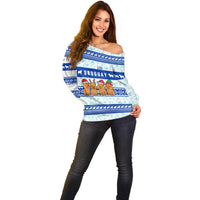 Uruguay Christmas Off Shoulder Sweater with Capybaras Holiday Tree Sun Emblem and Blue Festive Pattern - Wonder Print Shop