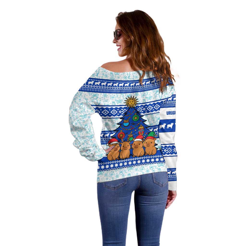 Uruguay Christmas Off Shoulder Sweater with Capybaras Holiday Tree Sun Emblem and Blue Festive Pattern - Wonder Print Shop
