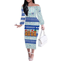 Uruguay Christmas Off The Shoulder Long Sleeve Dress with Capybaras Holiday Tree Sun Emblem and Blue Festive Pattern - Wonder Print Shop