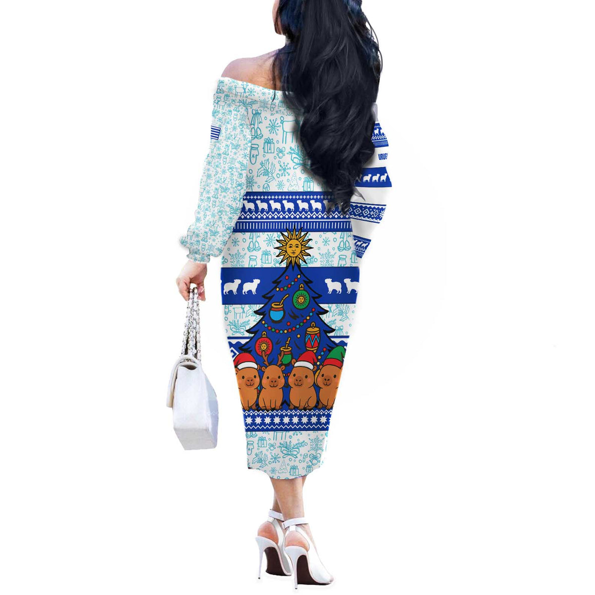 Uruguay Christmas Off The Shoulder Long Sleeve Dress with Capybaras Holiday Tree Sun Emblem and Blue Festive Pattern - Wonder Print Shop