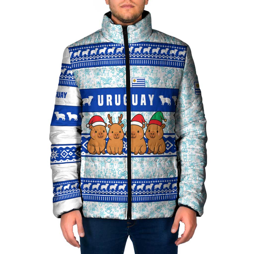 Uruguay Christmas Padded Jacket with Capybaras Holiday Tree Sun Emblem and Blue Festive Pattern - Wonder Print Shop