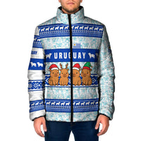 Uruguay Christmas Padded Jacket with Capybaras Holiday Tree Sun Emblem and Blue Festive Pattern - Wonder Print Shop