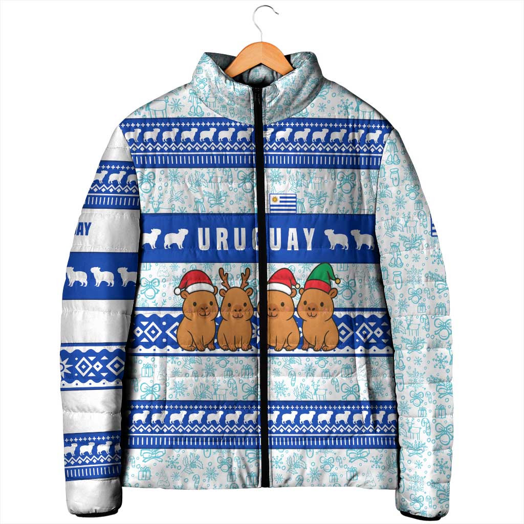 Uruguay Christmas Padded Jacket with Capybaras Holiday Tree Sun Emblem and Blue Festive Pattern - Wonder Print Shop