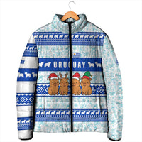 Uruguay Christmas Padded Jacket with Capybaras Holiday Tree Sun Emblem and Blue Festive Pattern - Wonder Print Shop