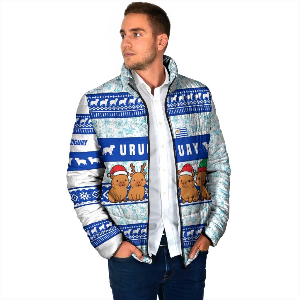 Uruguay Christmas Padded Jacket with Capybaras Holiday Tree Sun Emblem and Blue Festive Pattern - Wonder Print Shop