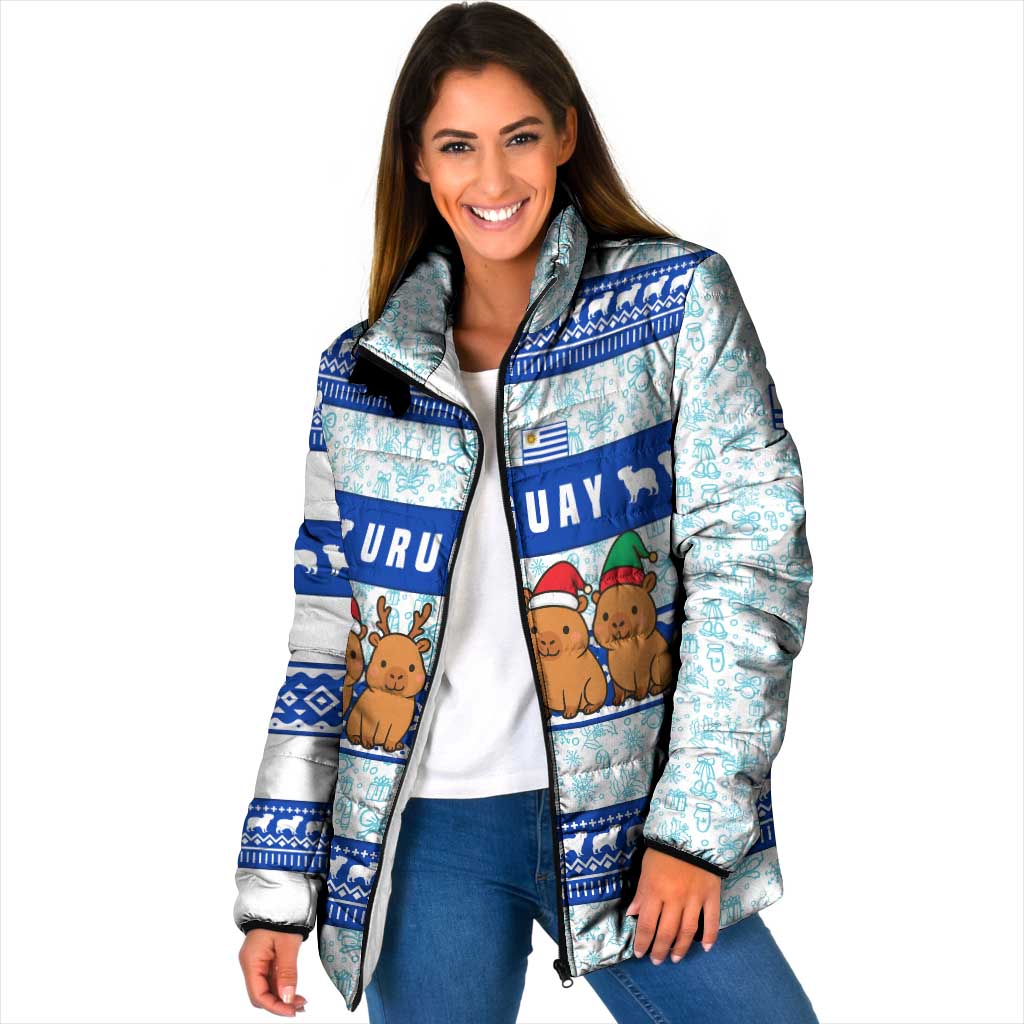 Uruguay Christmas Padded Jacket with Capybaras Holiday Tree Sun Emblem and Blue Festive Pattern - Wonder Print Shop
