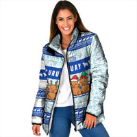 Uruguay Christmas Padded Jacket with Capybaras Holiday Tree Sun Emblem and Blue Festive Pattern - Wonder Print Shop