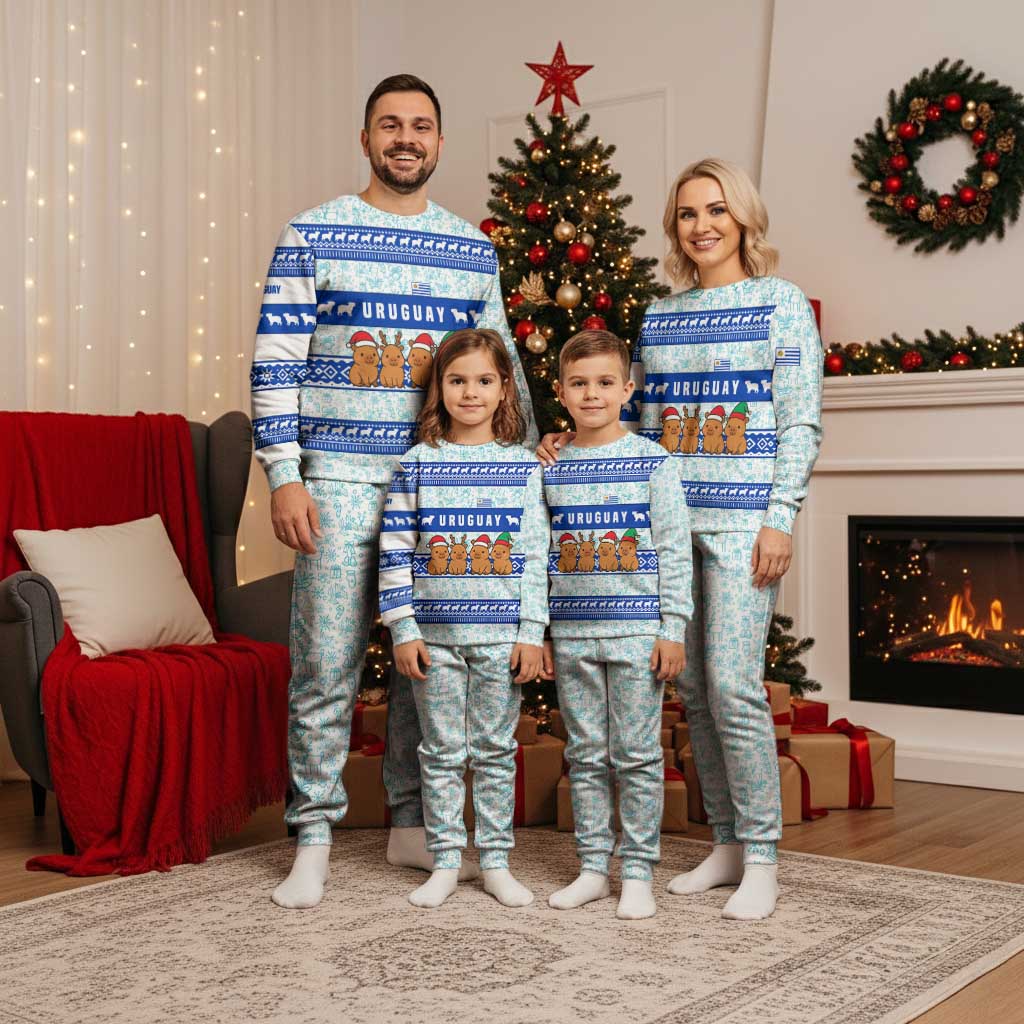 Uruguay Christmas Pajama Set with Capybaras Holiday Tree Sun Emblem and Blue Festive Pattern - Wonder Print Shop