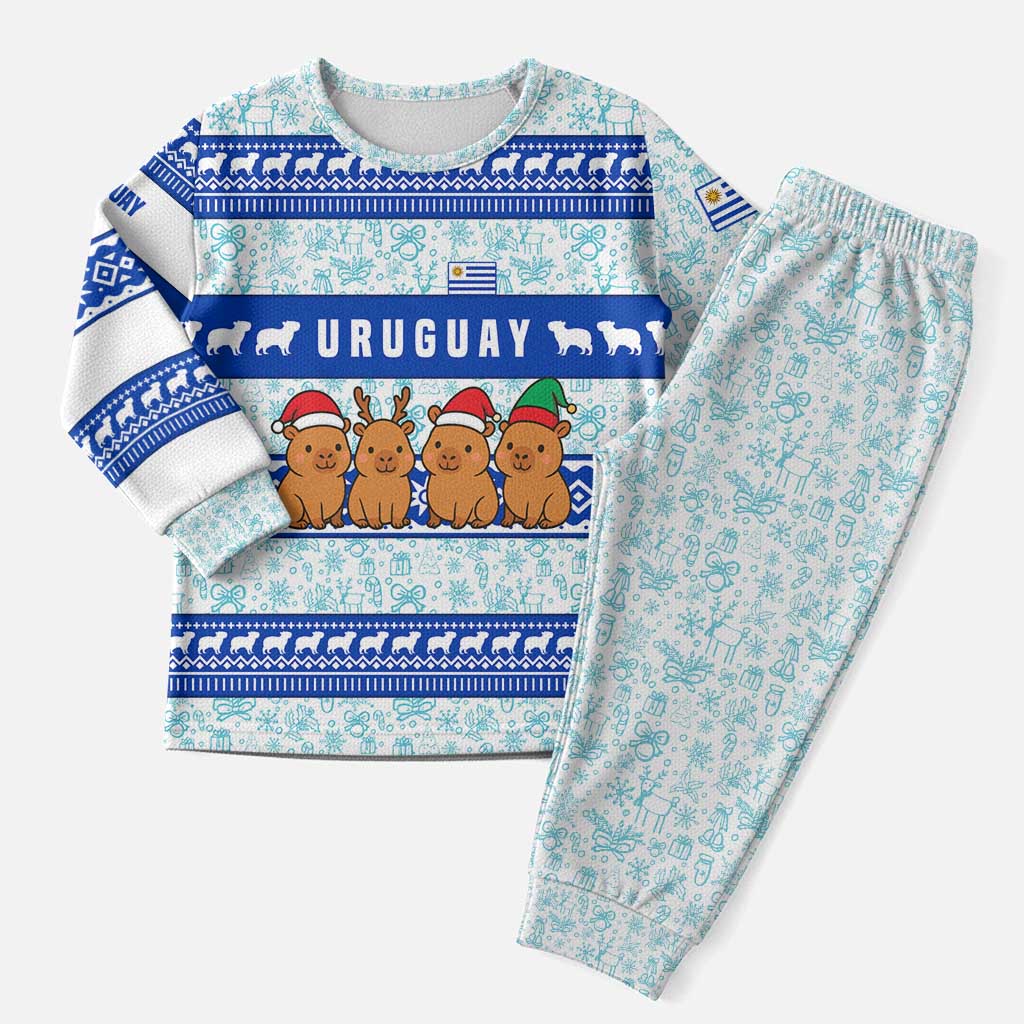 Uruguay Christmas Pajama Set with Capybaras Holiday Tree Sun Emblem and Blue Festive Pattern - Wonder Print Shop