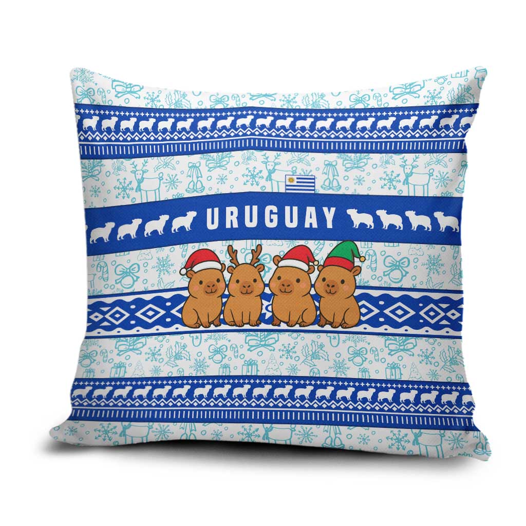 Uruguay Christmas Pillow Cover with Capybaras Holiday Tree Sun Emblem and Blue Festive Pattern - Wonder Print Shop