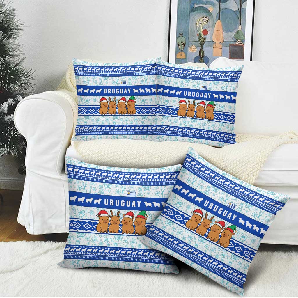 Uruguay Christmas Pillow Cover with Capybaras Holiday Tree Sun Emblem and Blue Festive Pattern - Wonder Print Shop