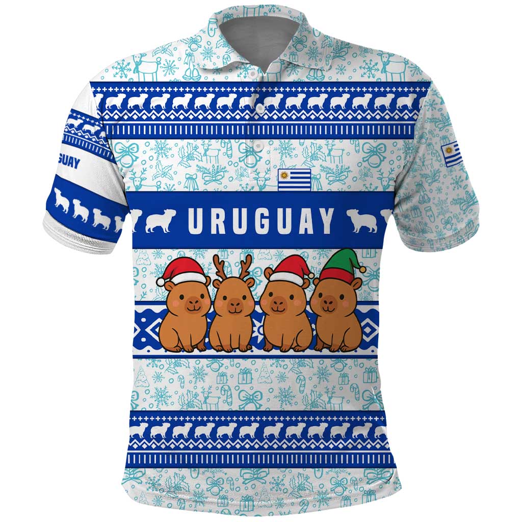 Uruguay Christmas Polo Shirt with Capybaras Holiday Tree Sun Emblem and Blue Festive Pattern - Wonder Print Shop
