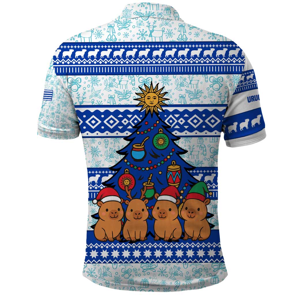 Uruguay Christmas Polo Shirt with Capybaras Holiday Tree Sun Emblem and Blue Festive Pattern - Wonder Print Shop