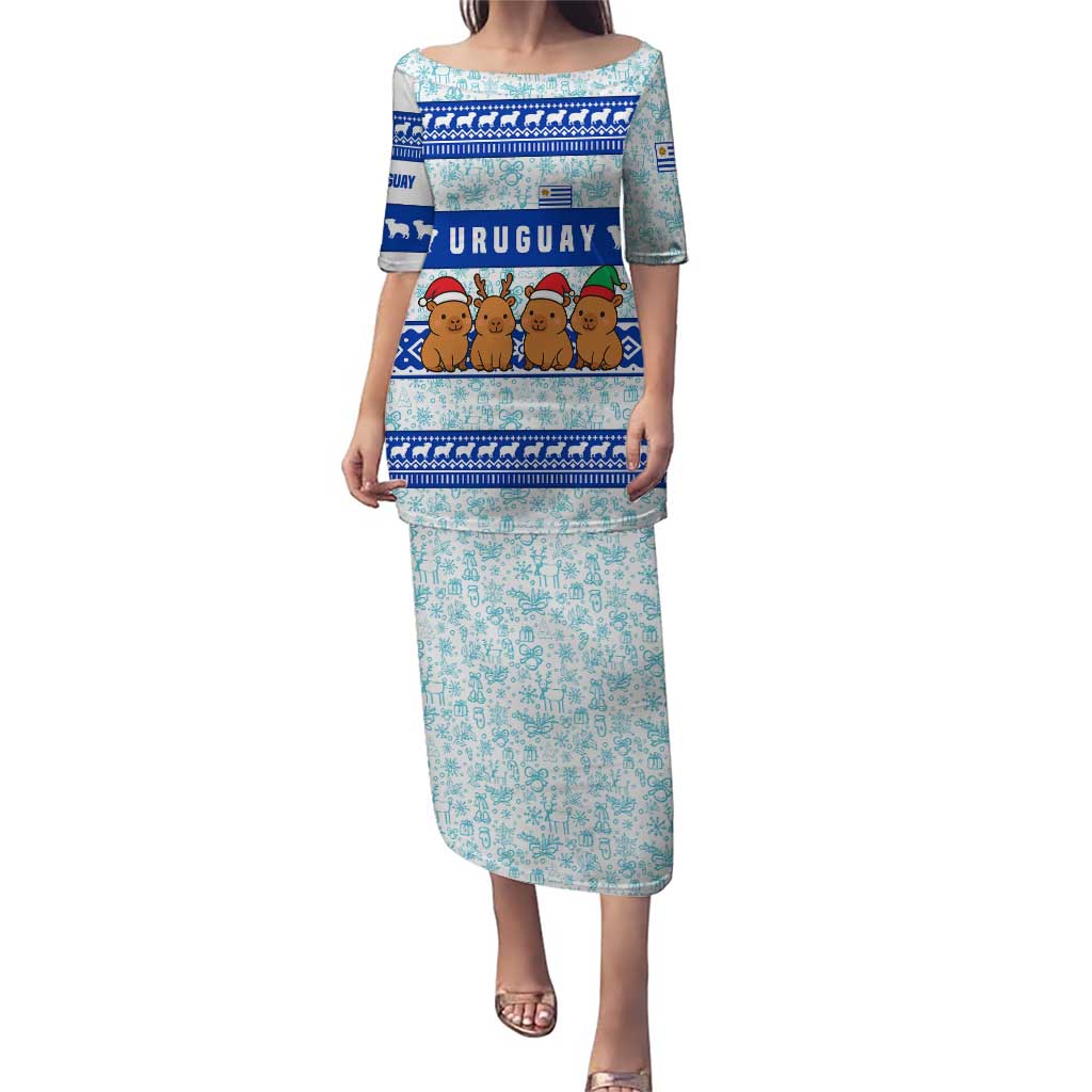 Uruguay Christmas Puletasi with Capybaras Holiday Tree Sun Emblem and Blue Festive Pattern - Wonder Print Shop