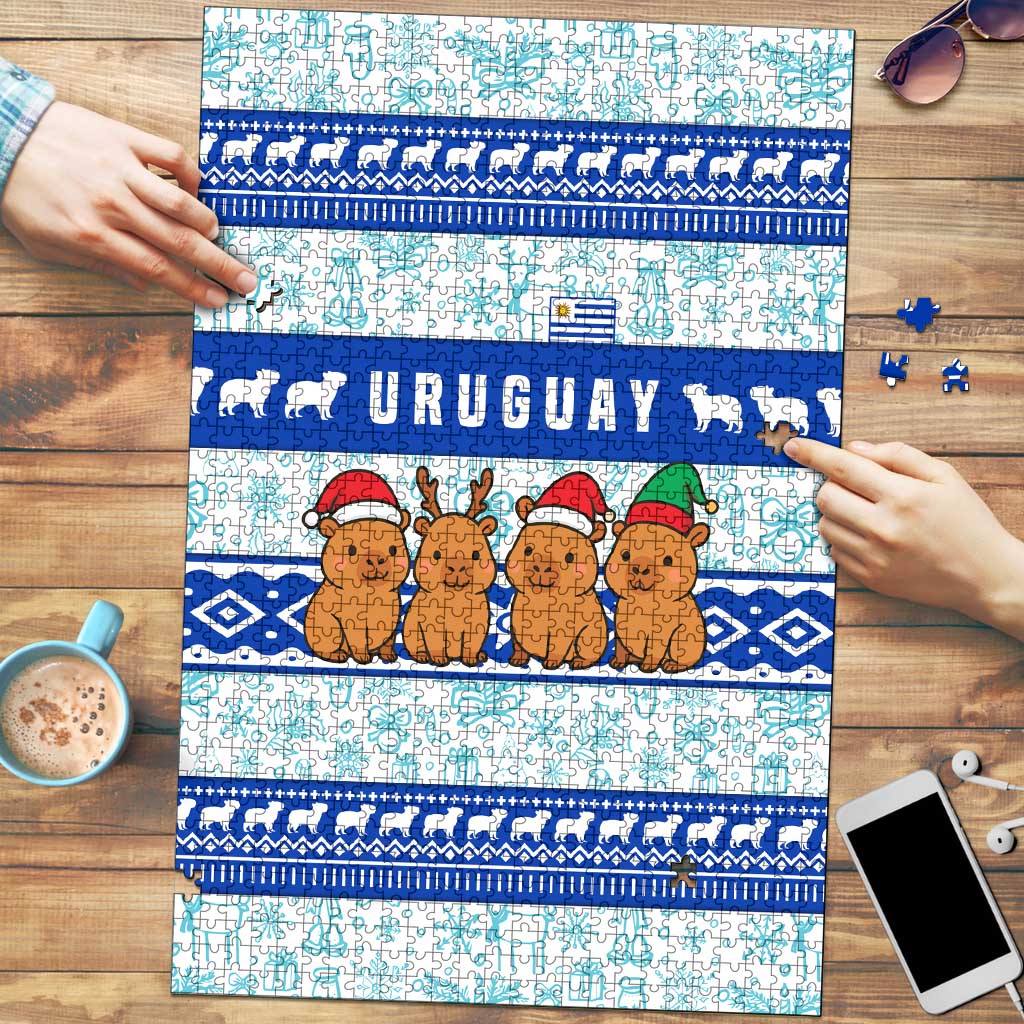 Uruguay Christmas Puzzle with Capybaras Holiday Tree Sun Emblem and Blue Festive Pattern - Wonder Print Shop