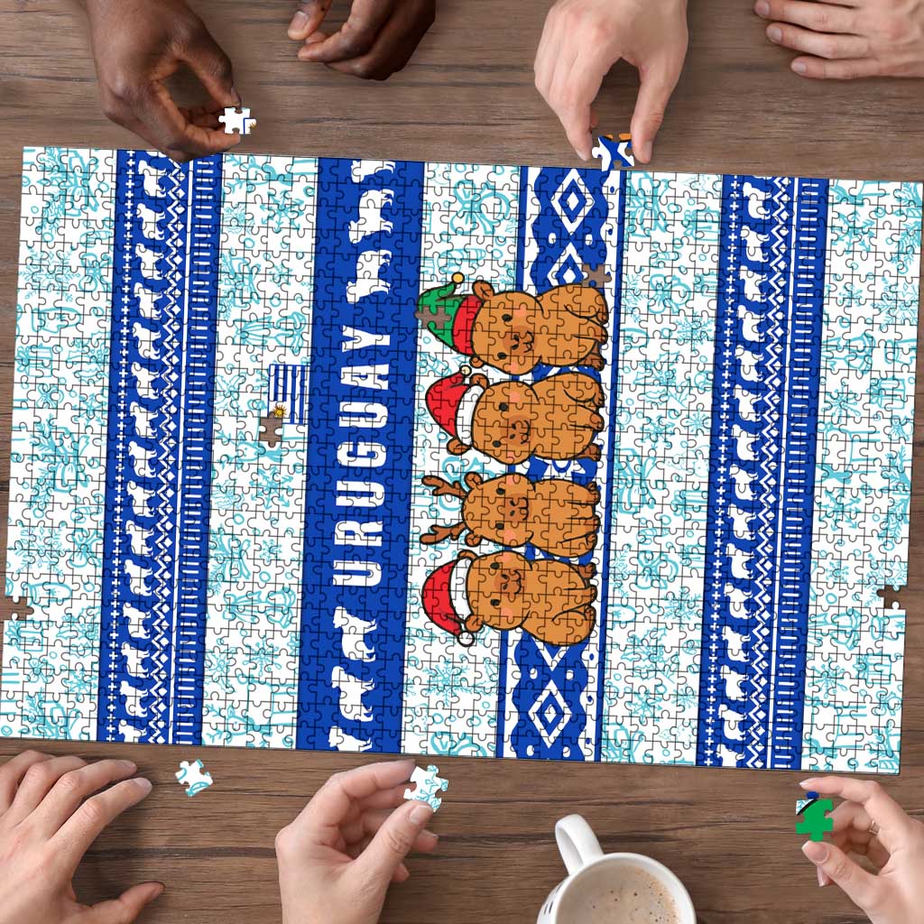 Uruguay Christmas Puzzle with Capybaras Holiday Tree Sun Emblem and Blue Festive Pattern - Wonder Print Shop