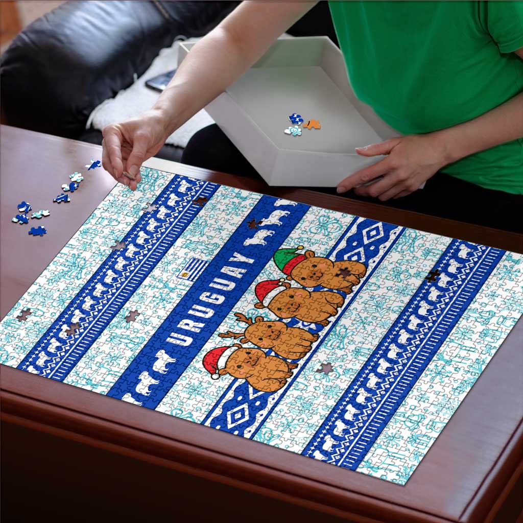 Uruguay Christmas Puzzle with Capybaras Holiday Tree Sun Emblem and Blue Festive Pattern - Wonder Print Shop