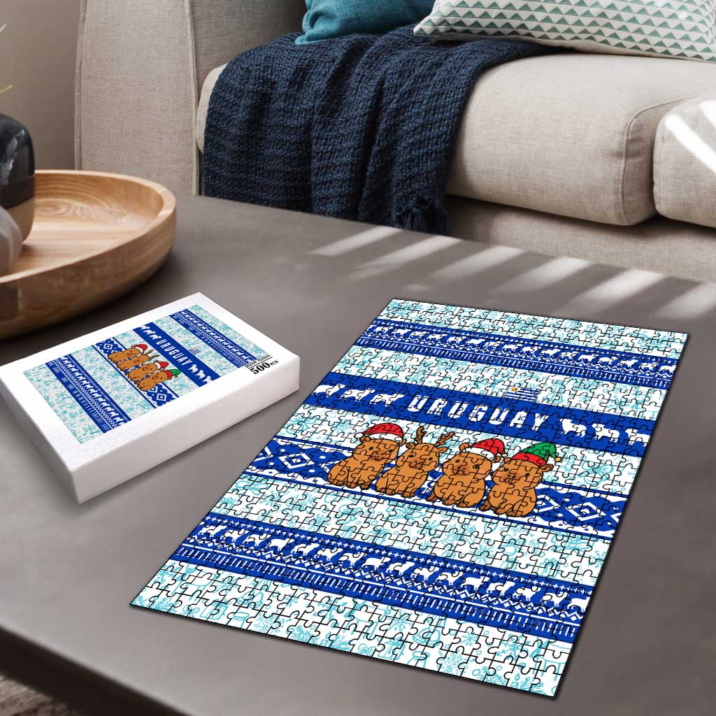 Uruguay Christmas Puzzle with Capybaras Holiday Tree Sun Emblem and Blue Festive Pattern - Wonder Print Shop