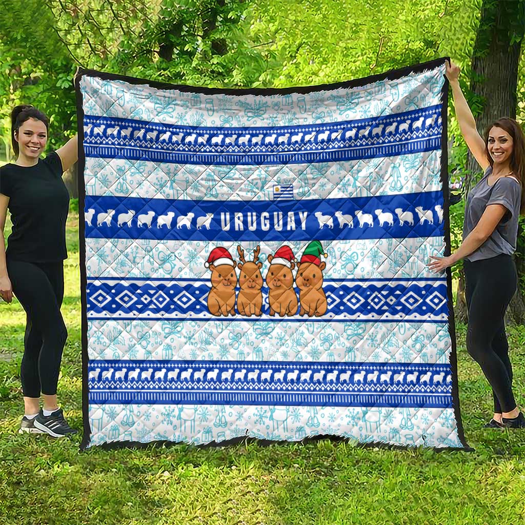 Uruguay Christmas Quilt with Capybaras Holiday Tree Sun Emblem and Blue Festive Pattern - Wonder Print Shop
