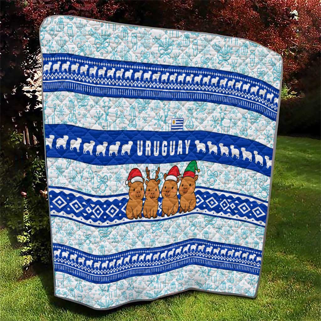 Uruguay Christmas Quilt with Capybaras Holiday Tree Sun Emblem and Blue Festive Pattern - Wonder Print Shop
