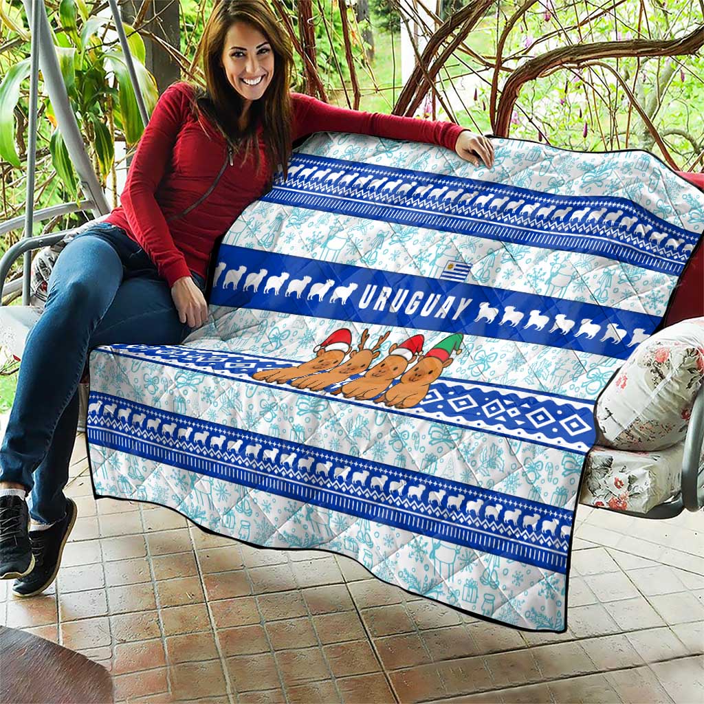 Uruguay Christmas Quilt with Capybaras Holiday Tree Sun Emblem and Blue Festive Pattern - Wonder Print Shop