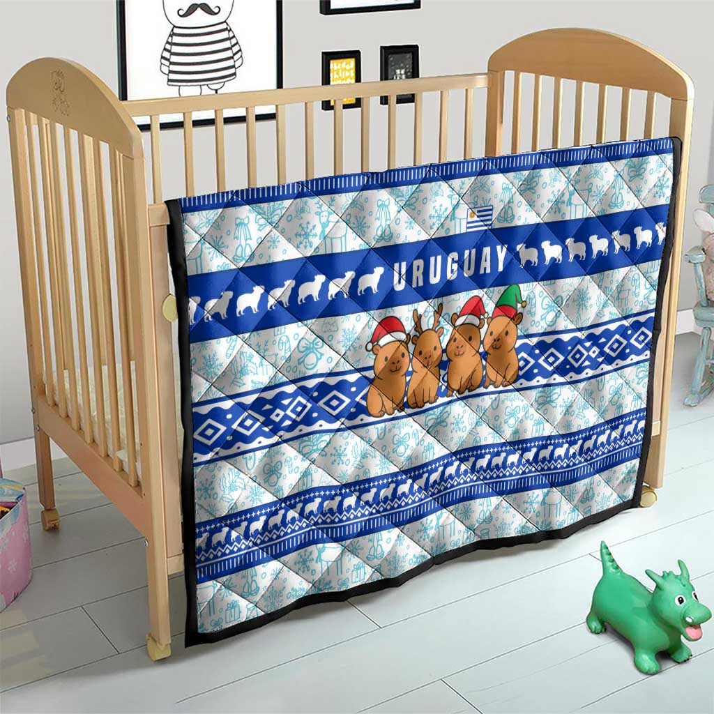 Uruguay Christmas Quilt with Capybaras Holiday Tree Sun Emblem and Blue Festive Pattern - Wonder Print Shop