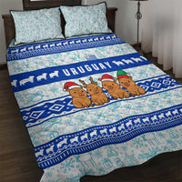 Uruguay Christmas Quilt Bed Set with Capybaras Holiday Tree Sun Emblem and Blue Festive Pattern - Wonder Print Shop