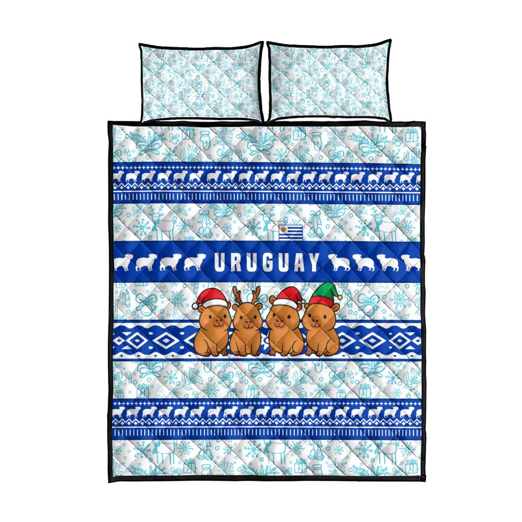 Uruguay Christmas Quilt Bed Set with Capybaras Holiday Tree Sun Emblem and Blue Festive Pattern - Wonder Print Shop