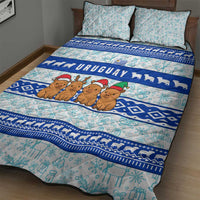 Uruguay Christmas Quilt Bed Set with Capybaras Holiday Tree Sun Emblem and Blue Festive Pattern - Wonder Print Shop