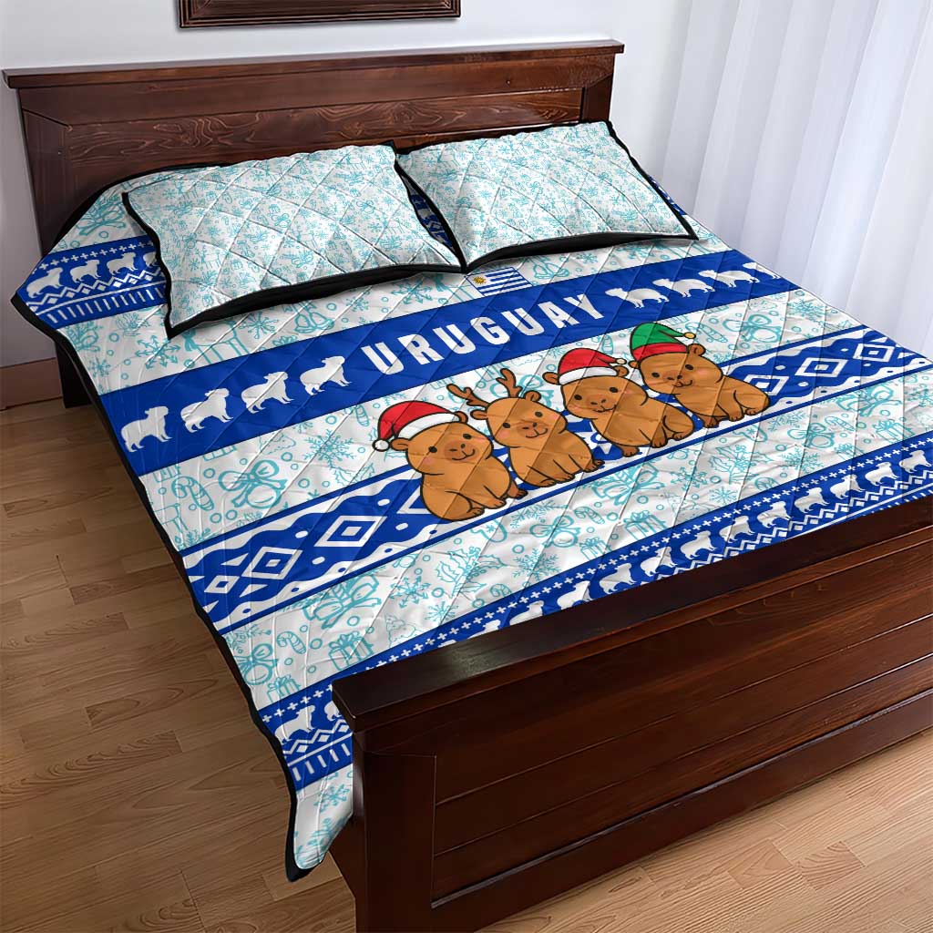 Uruguay Christmas Quilt Bed Set with Capybaras Holiday Tree Sun Emblem and Blue Festive Pattern - Wonder Print Shop