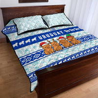 Uruguay Christmas Quilt Bed Set with Capybaras Holiday Tree Sun Emblem and Blue Festive Pattern - Wonder Print Shop
