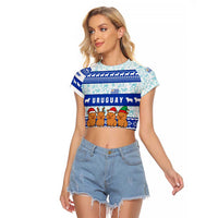Uruguay Christmas Raglan Cropped T Shirt with Capybaras Holiday Tree Sun Emblem and Blue Festive Pattern - Wonder Print Shop