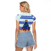 Uruguay Christmas Raglan Cropped T Shirt with Capybaras Holiday Tree Sun Emblem and Blue Festive Pattern - Wonder Print Shop