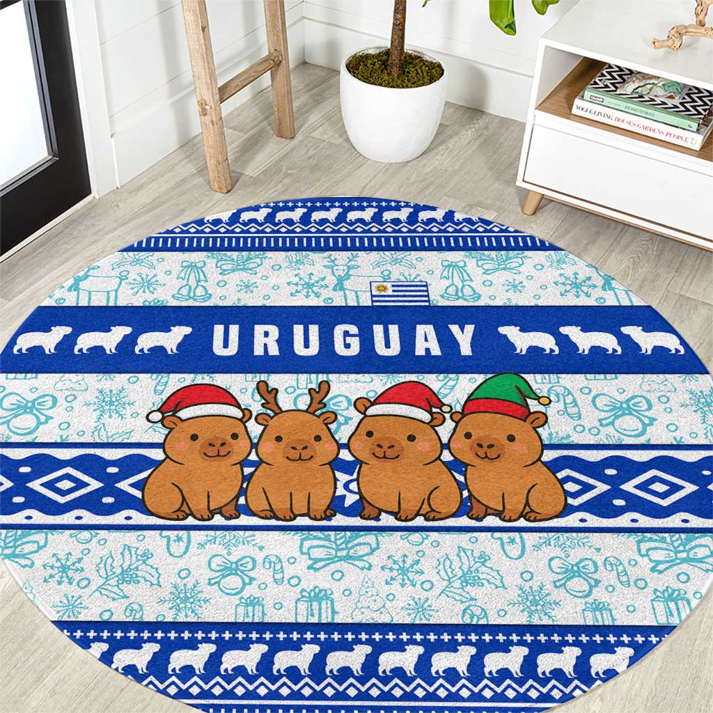 Uruguay Christmas Round Carpet with Capybaras Holiday Tree Sun Emblem and Blue Festive Pattern - Wonder Print Shop