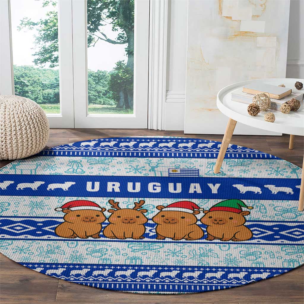 Uruguay Christmas Round Carpet with Capybaras Holiday Tree Sun Emblem and Blue Festive Pattern - Wonder Print Shop