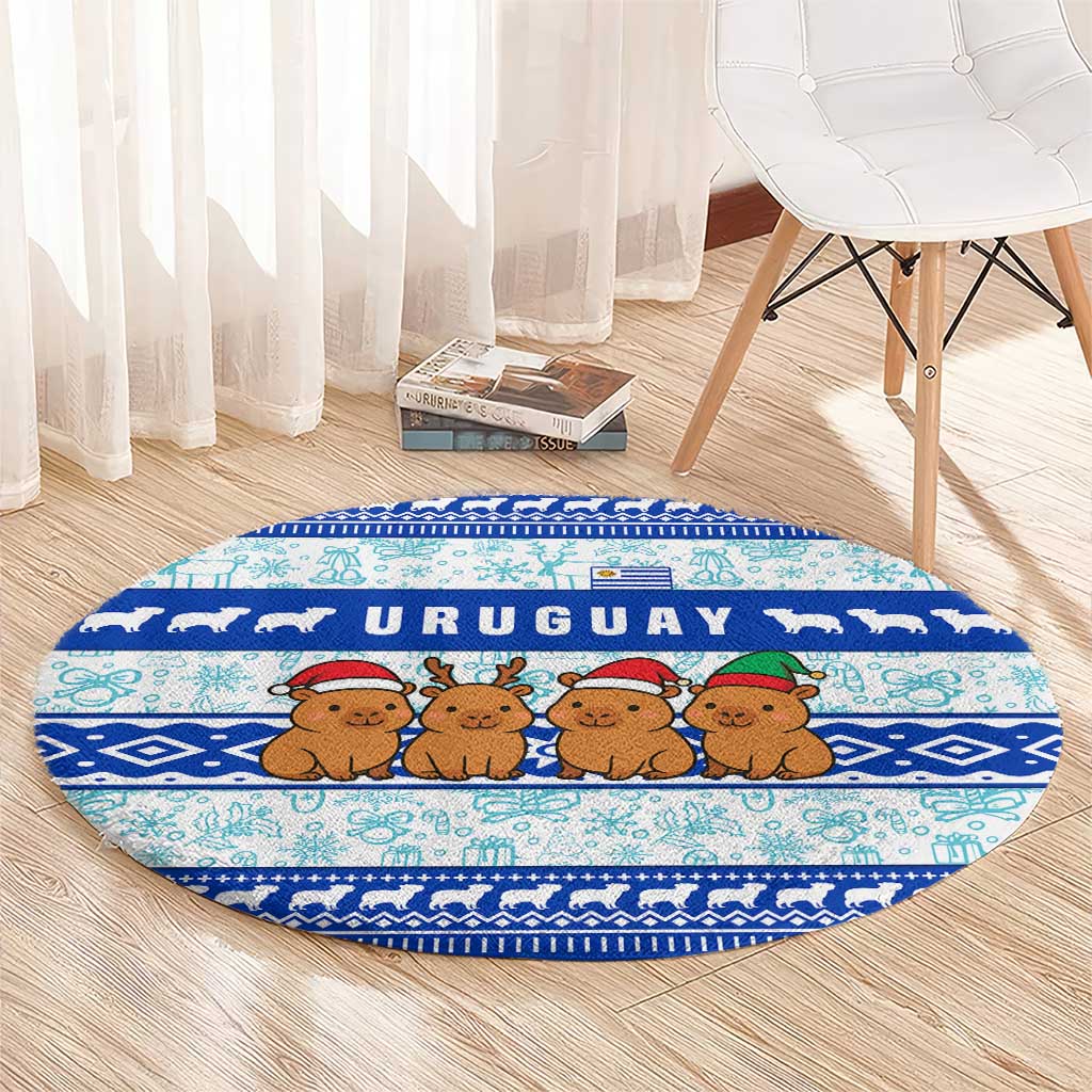 Uruguay Christmas Round Carpet with Capybaras Holiday Tree Sun Emblem and Blue Festive Pattern - Wonder Print Shop