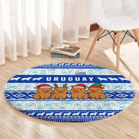 Uruguay Christmas Round Carpet with Capybaras Holiday Tree Sun Emblem and Blue Festive Pattern - Wonder Print Shop