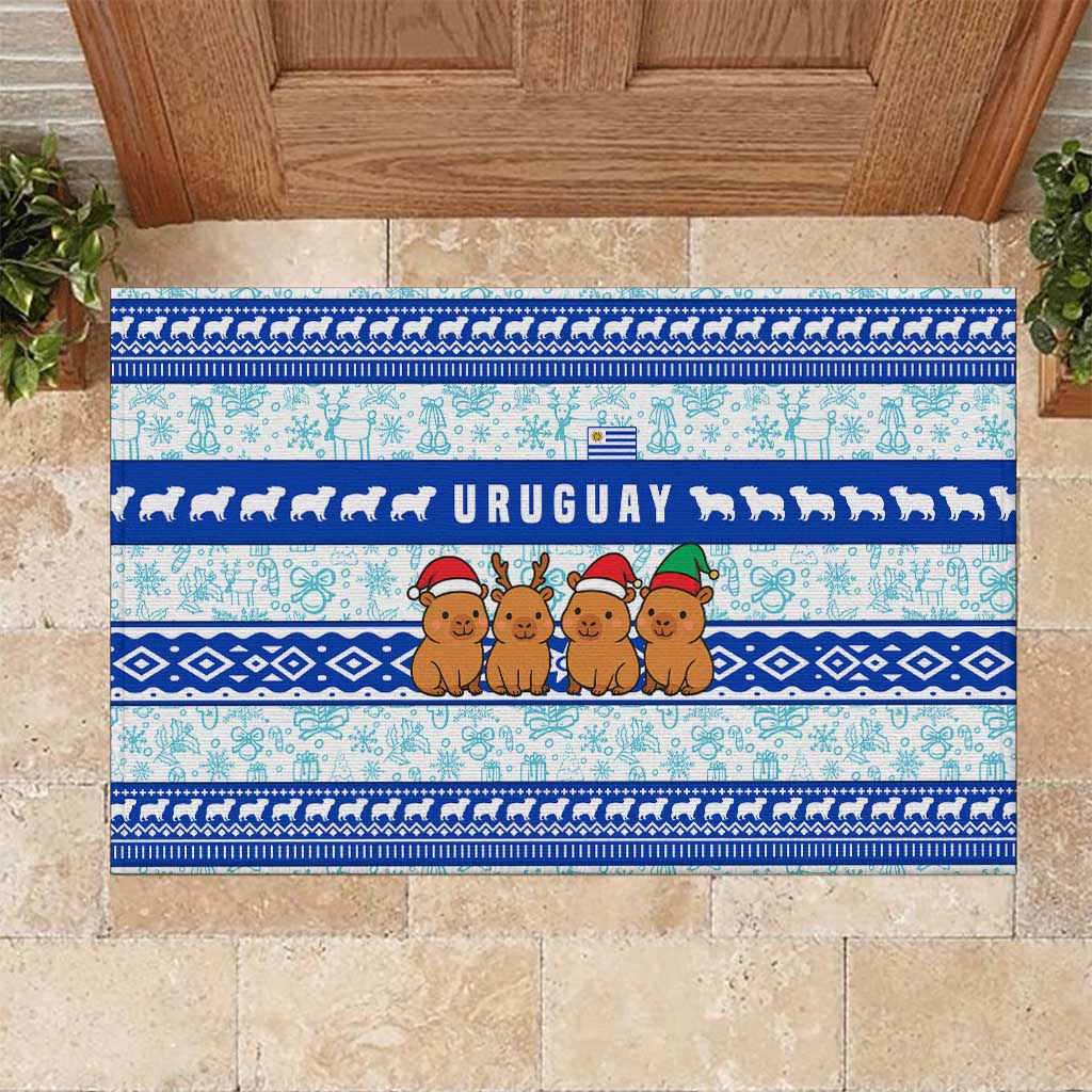 Uruguay Christmas Rubber Doormat with Capybaras Holiday Tree Sun Emblem and Blue Festive Pattern - Wonder Print Shop
