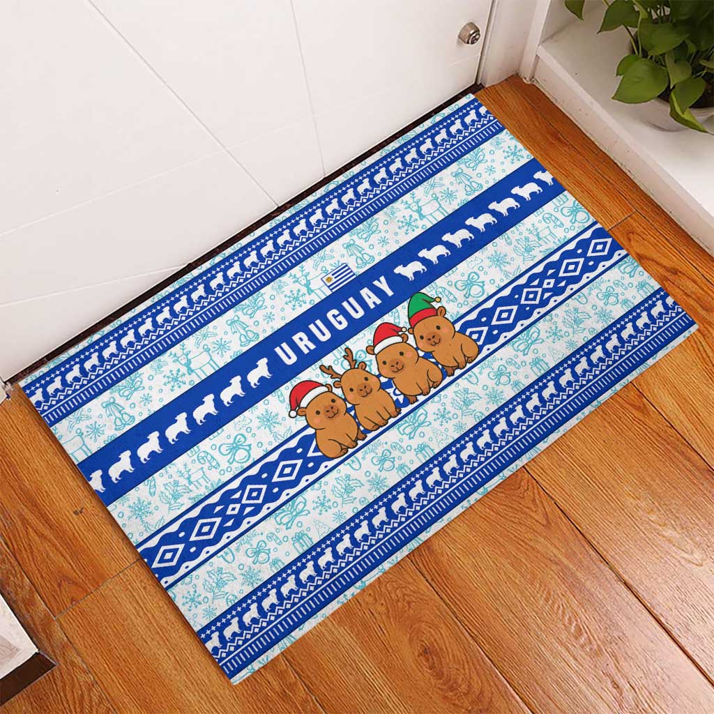 Uruguay Christmas Rubber Doormat with Capybaras Holiday Tree Sun Emblem and Blue Festive Pattern - Wonder Print Shop