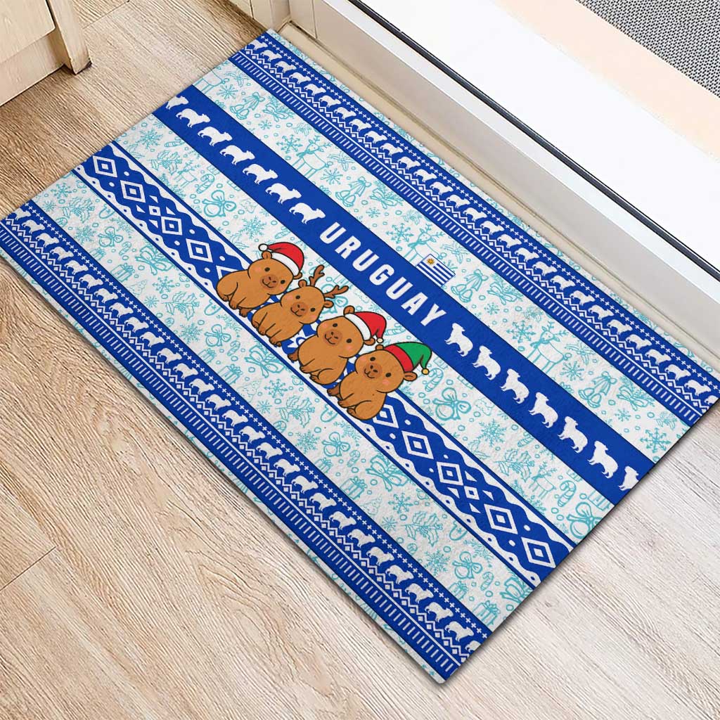 Uruguay Christmas Rubber Doormat with Capybaras Holiday Tree Sun Emblem and Blue Festive Pattern - Wonder Print Shop