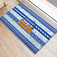 Uruguay Christmas Rubber Doormat with Capybaras Holiday Tree Sun Emblem and Blue Festive Pattern - Wonder Print Shop