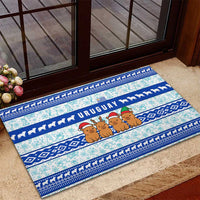 Uruguay Christmas Rubber Doormat with Capybaras Holiday Tree Sun Emblem and Blue Festive Pattern - Wonder Print Shop