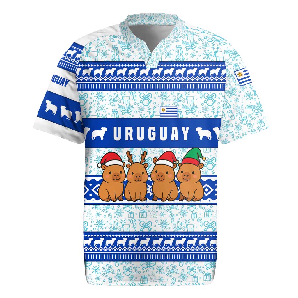 Uruguay Christmas Rugby Jersey with Capybaras Holiday Tree Sun Emblem and Blue Festive Pattern - Wonder Print Shop