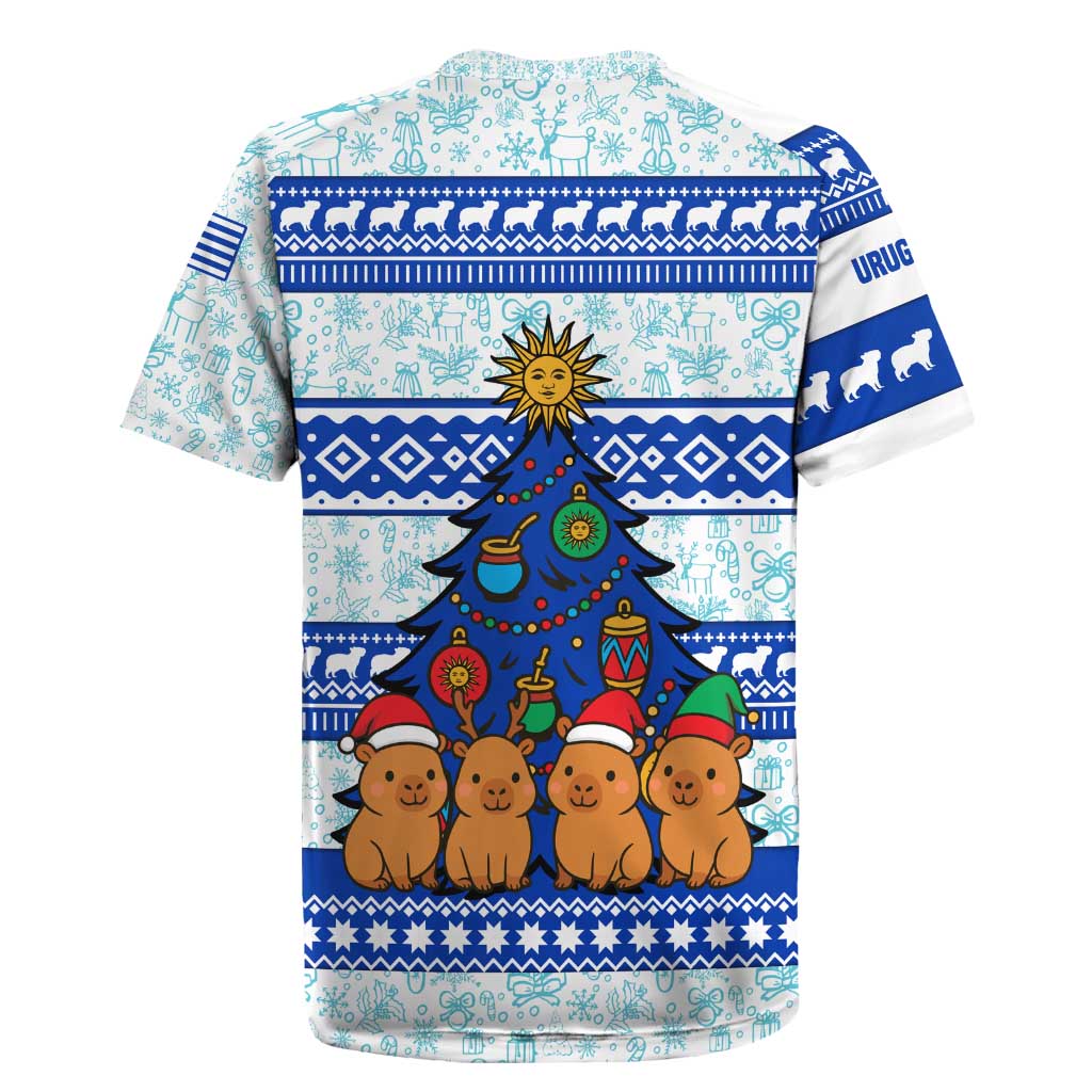 Uruguay Christmas Rugby Jersey with Capybaras Holiday Tree Sun Emblem and Blue Festive Pattern - Wonder Print Shop